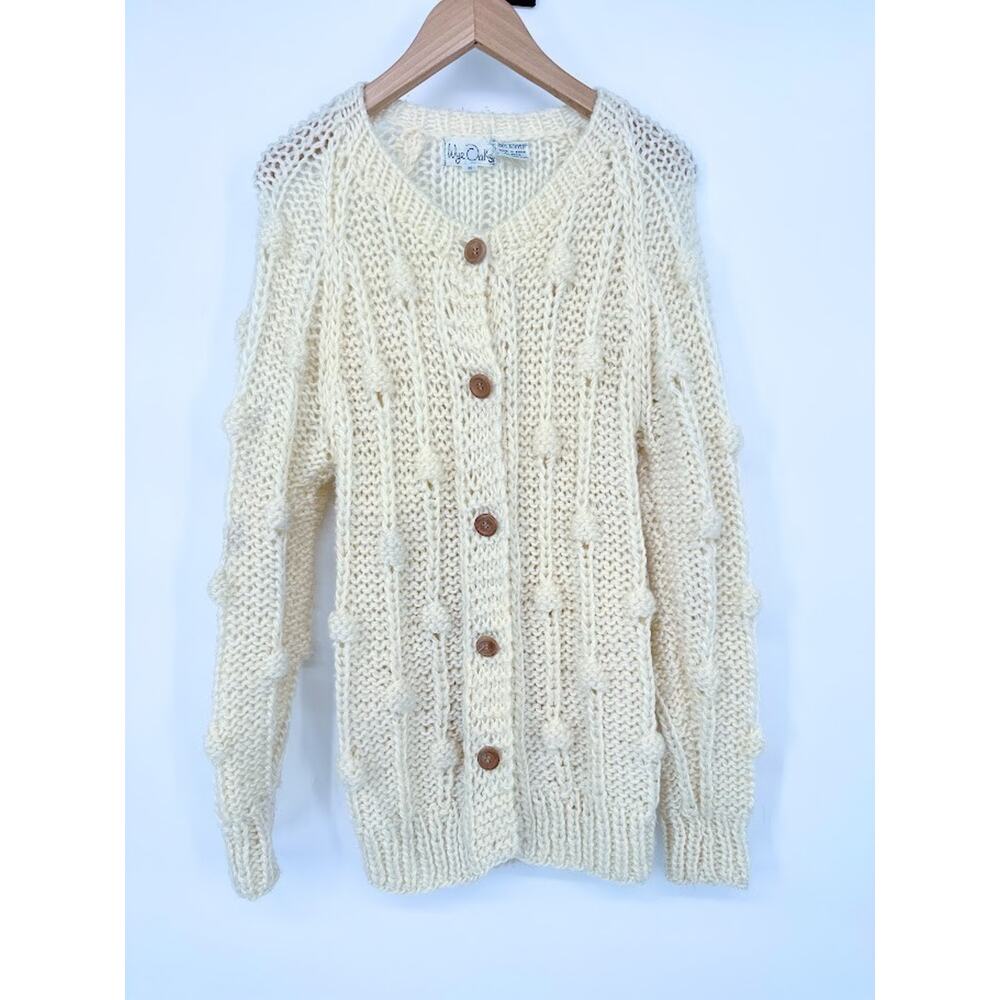 Vintage WYE OAKS Button Cardigan Sweater Womens Medium Chunky Ivory Boho Neutral